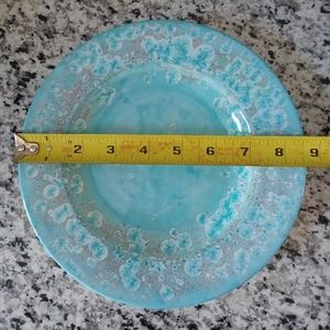 Two melamine salad plates; beach vibe in blue and coral colors.